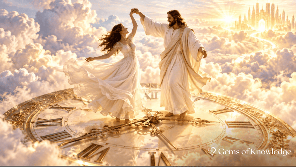 A woman in a flowing white gown joyfully dances with Jesus on top of a giant clock floating among radiant heavenly clouds.
