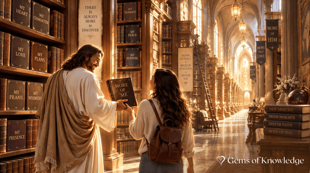 Jesus hands a woman a book titled “More of Me” inside a magnificent library filled with endless shelves representing the limitless depths of knowing God.