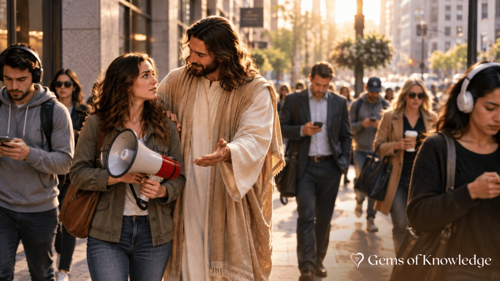 Jesus encourages a hesitant woman holding a megaphone on a busy city street while distracted people walk around them looking at their phones and wearing headphones.