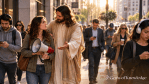 Jesus encourages a hesitant woman holding a megaphone on a busy city street while distracted people walk around them looking at their phones and wearing headphones.
