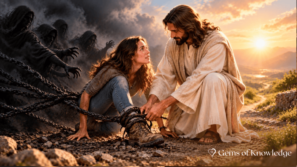 Jesus kneels beside a woman and frees her from dark chains pulling her toward shadowy figures while a bright sunrise represents forgiveness, freedom, and a new beginning.
