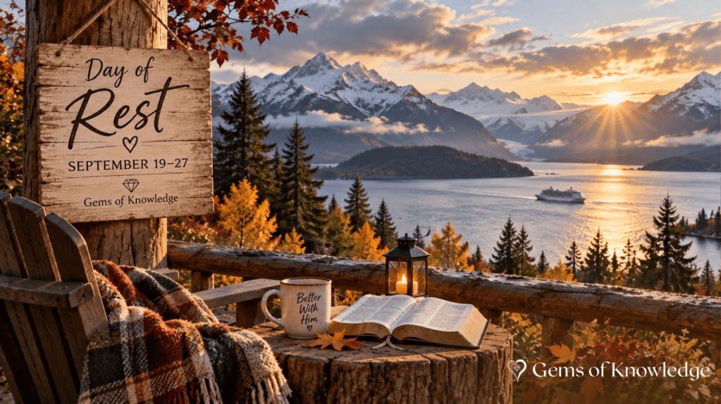 Peaceful autumn view of Alaska with snow-covered mountains, a Bible, coffee, and a Day of Rest sign announcing the Gems of Knowledge break September 19–27.