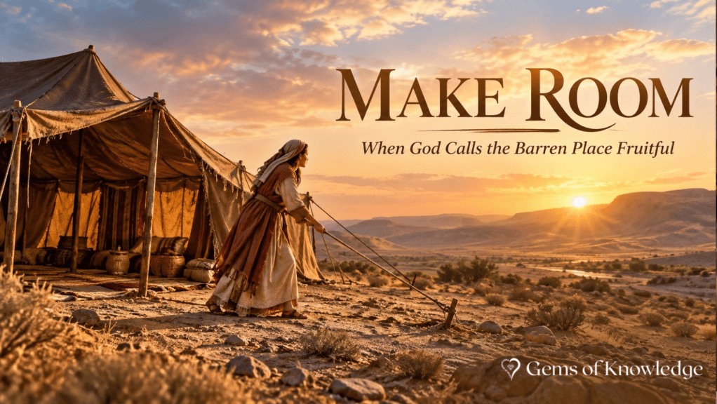 Biblical woman enlarging her tent in the barren wilderness, inspired by Isaiah 54:1–3 and God’s promise of fruitfulness.