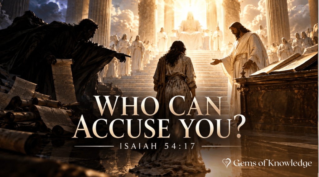 Heavenly courtroom scene illustrating Isaiah 54:17, with an accuser, a woman standing before God, and Jesus as her Mediator and Advocate.