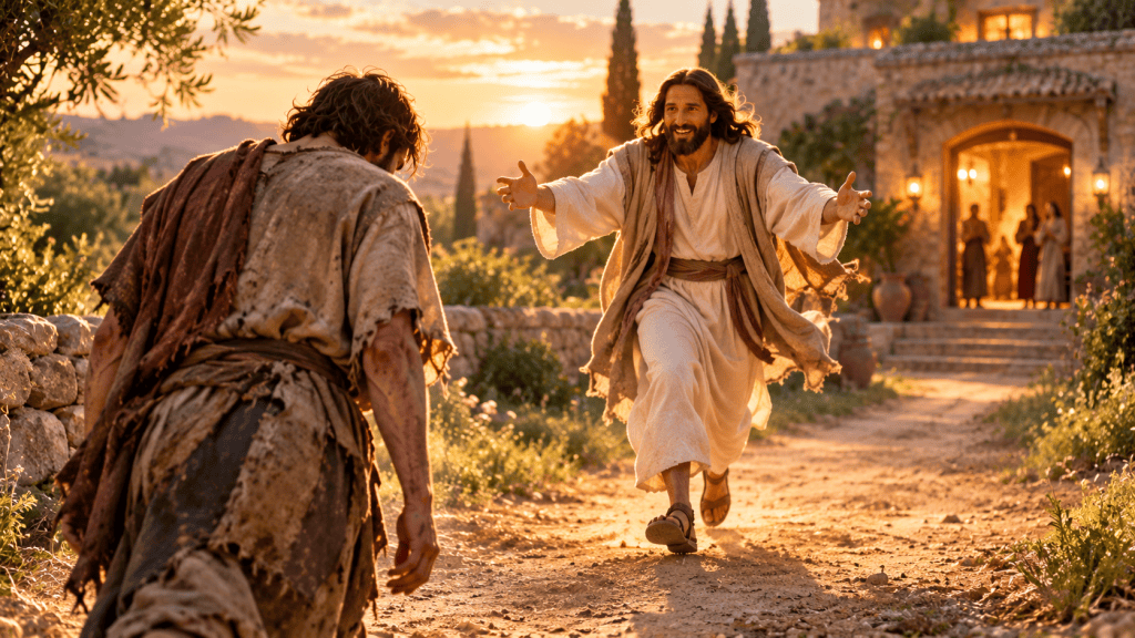 Jesus runs with open arms toward a repentant young man in worn clothi