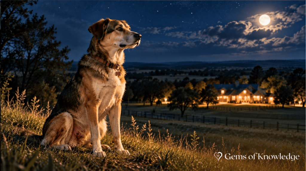 An injured female watchdog with road rash sits upright in a moonlit field, faithfully watching over her home and property after being hit by a car.