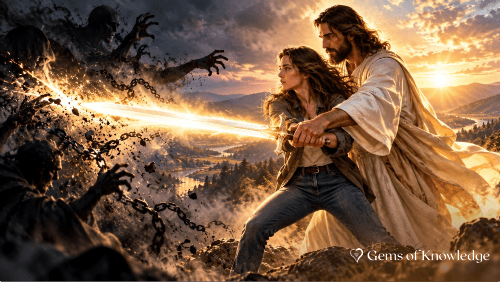 Jesus places His hands over a woman's hands as together they wield a brilliant sword of light against darkness, chains, and shadowy forces.