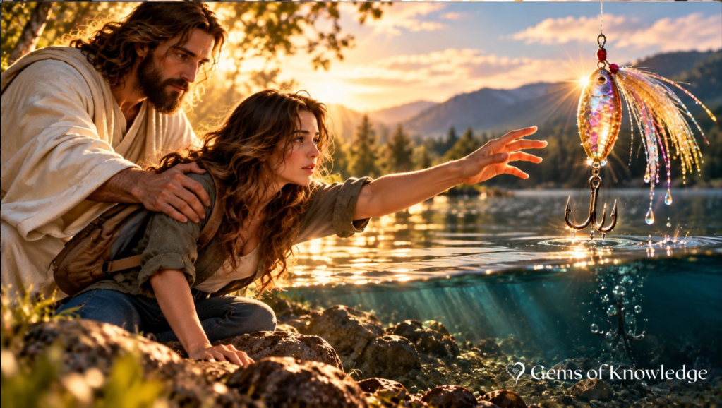 Jesus stops a woman from reaching for a beautiful sparkling fishing lure with dangerous hooks, symbolizing how temptation can make something harmful appear desirable.