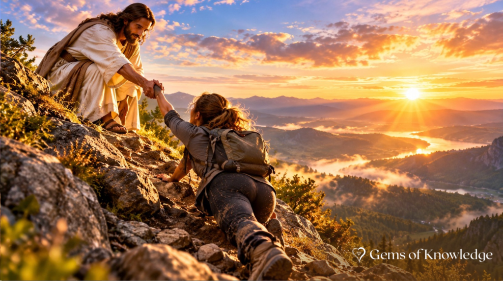 Jesus reaches down to help an exhausted woman climb the final rocky section of a mountain as a beautiful golden sunrise and breathtaking view await at the summit.