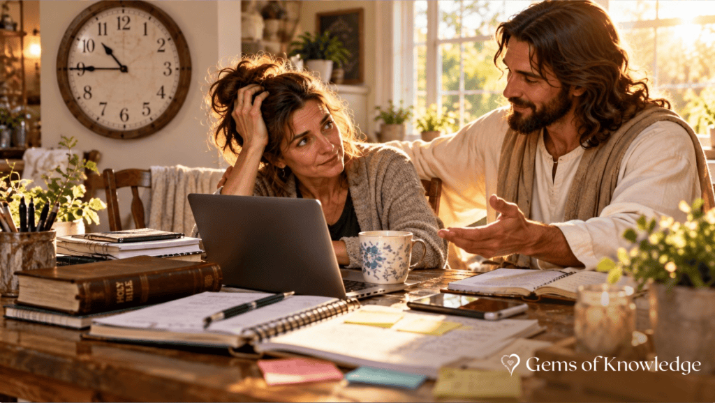 A tired, overwhelmed woman sits at a cluttered kitchen table with her laptop, Bible, coffee, notebooks, and unfinished work while Jesus sits beside her offering gentle encouragement.