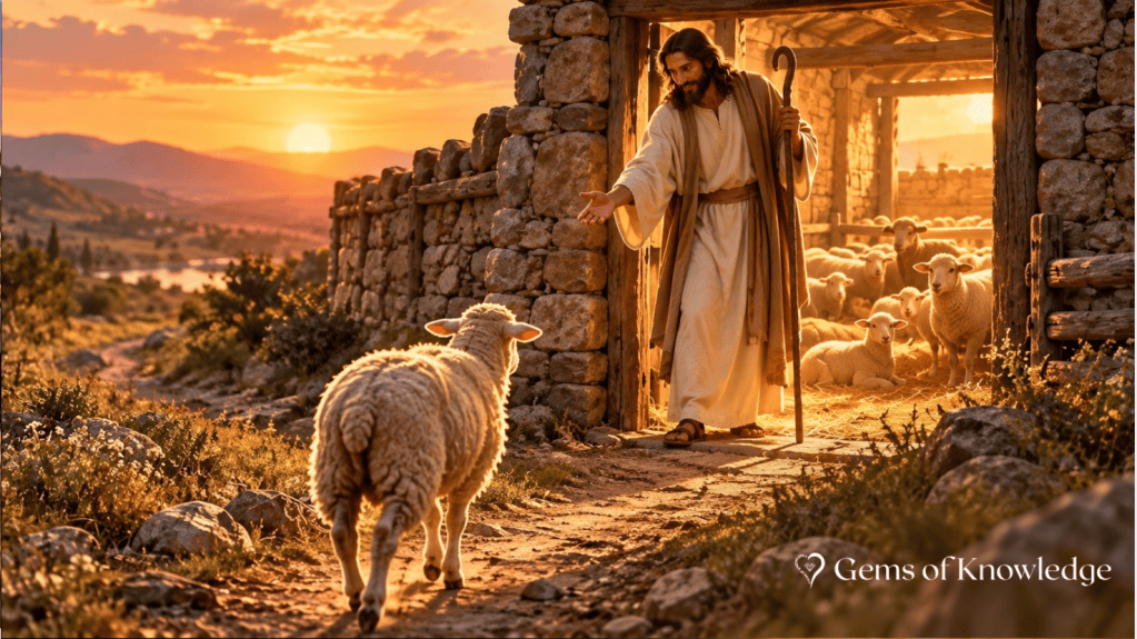 esus stands as the gate of a stone sheepfold at sunset, reaching toward one sheep returning along the path while the rest of His flock rests safely inside.