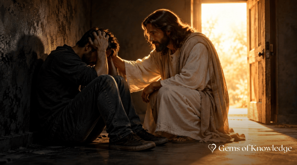 A discouraged man sits with his head in his hands in a dark room while Jesus kneels beside him with a comforting hand on his shoulder as warm light shines through an open doorway.
