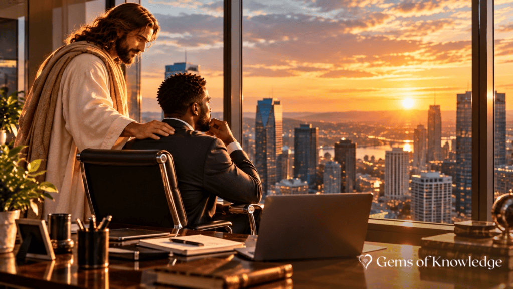 A successful Black businessman in a suit sits in his high-rise office overlooking the city at sunset while Jesus stands beside him with a hand on his shoulder, reminding him of the true source of his success.