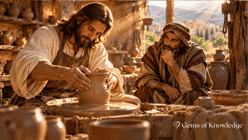 Jesus shapes a clay vessel on a pottery wheel in a rustic workshop while the prophet Jeremiah watches closely, illustrating God's power to reshape our hearts.
