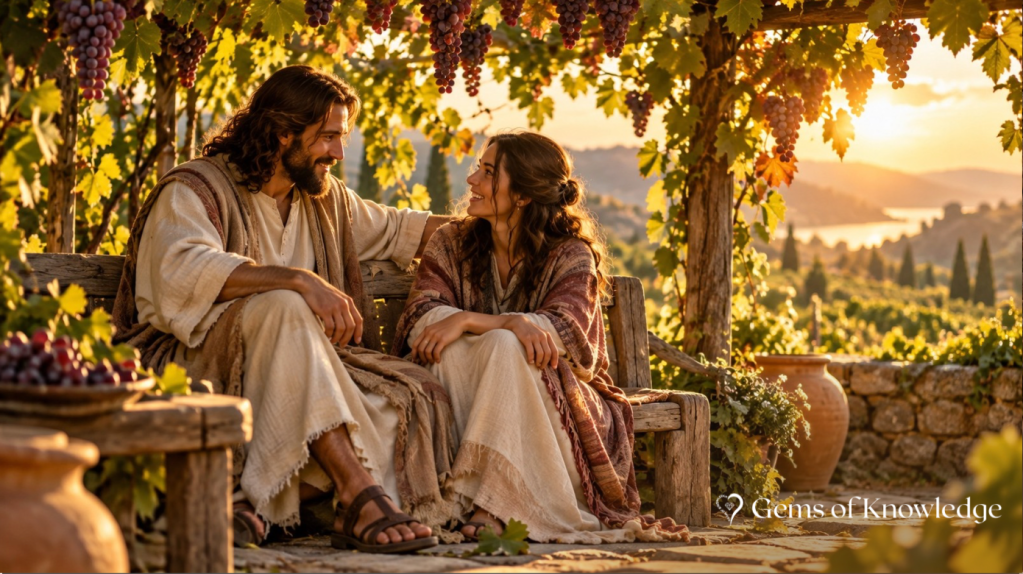 Jesus and a woman sit together on a rustic wooden bench beneath a grapevine arbor, smiling and enjoying a peaceful conversation as golden sunlight illuminates the vineyard.