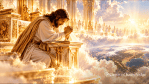 Jesus kneeling in prayer beside a magnificent golden heavenly throne, with the earth visible below through glowing clouds, illustrating His continual intercession for believers.
