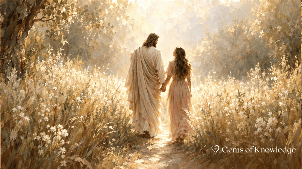 Jesus and a young woman walking hand in hand along a sunlit path through golden grasses and white wildflowers, symbolizing love, faithfulness, and an intentional relationship with God.
