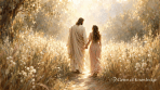Jesus and a young woman walking hand in hand along a sunlit path through golden grasses and white wildflowers, symbolizing love, faithfulness, and an intentional relationship with God.
