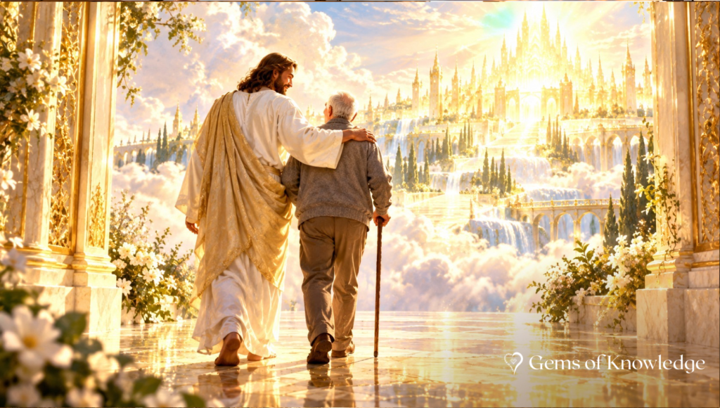 Jesus walking beside an elderly man wearing modern clothes and using a cane, with His arm around the man's shoulders as they look toward a magnificent golden heavenly city surrounded by clouds and waterfalls.