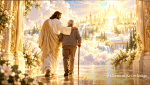 Jesus walking beside an elderly man wearing modern clothes and using a cane, with His arm around the man's shoulders as they look toward a magnificent golden heavenly city surrounded by clouds and waterfalls.
