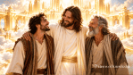 Artistic depiction of Jesus joyfully embracing a younger Uriah and an older Jeremiah in a radiant heavenly setting.