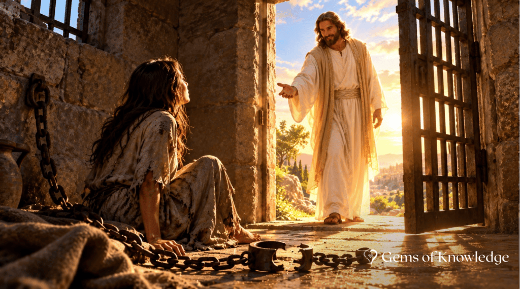 Jesus standing in brilliant golden sunlight outside an open prison door, extending His hand toward a woman sitting inside a dark stone cell with broken chains scattered around her.
