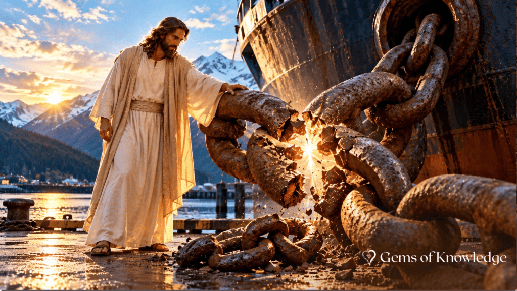 Jesus touching an enormous rusted iron chain extending from a massive barge in an Alaskan harbor, causing a giant chain link to shatter in brilliant golden light, with snowcapped mountains and water in the background.