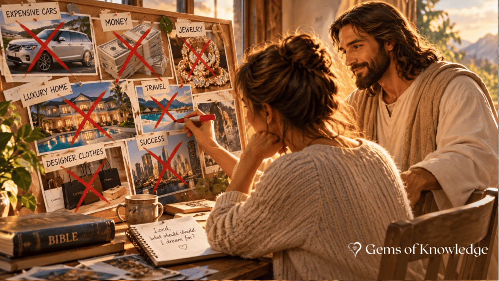 A woman sits beside Jesus, marking red Xs over pictures of expensive cars, money, jewelry, and other worldly ambitions on her old dream board.
