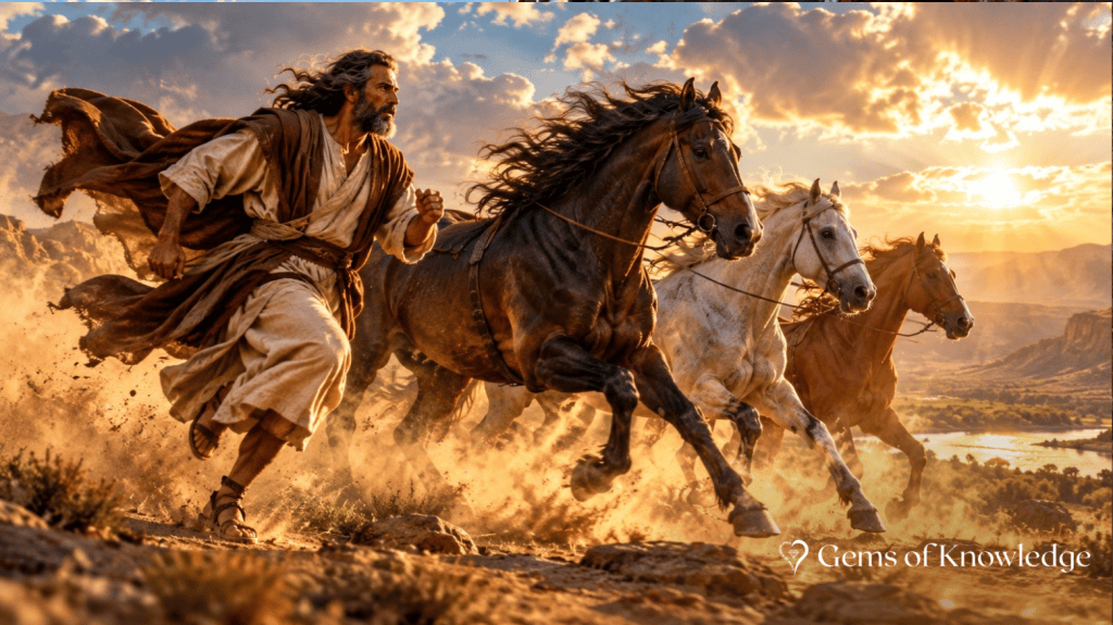 The prophet Jeremiah running alongside powerful galloping horses through a dusty landscape beneath a dramatic golden sky, illustrating Jeremiah 12:5.