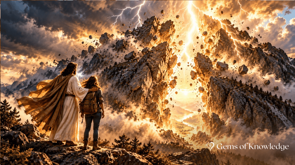 Jesus stands beside a woman as powerful lightning strikes an enormous mountain, splitting it apart and sending massive rocks flying through the air.