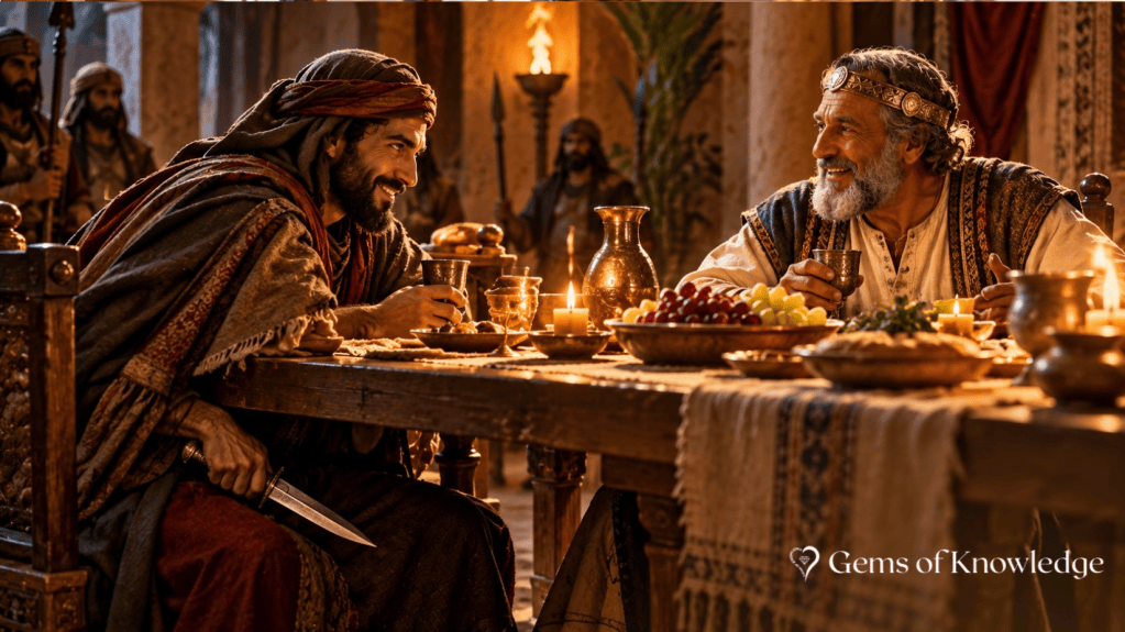 A biblical illustration of Ishmael smiling at Gedaliah during a candlelit meal while secretly holding a dagger beneath the table, portraying deception and betrayal from Jeremiah 41.