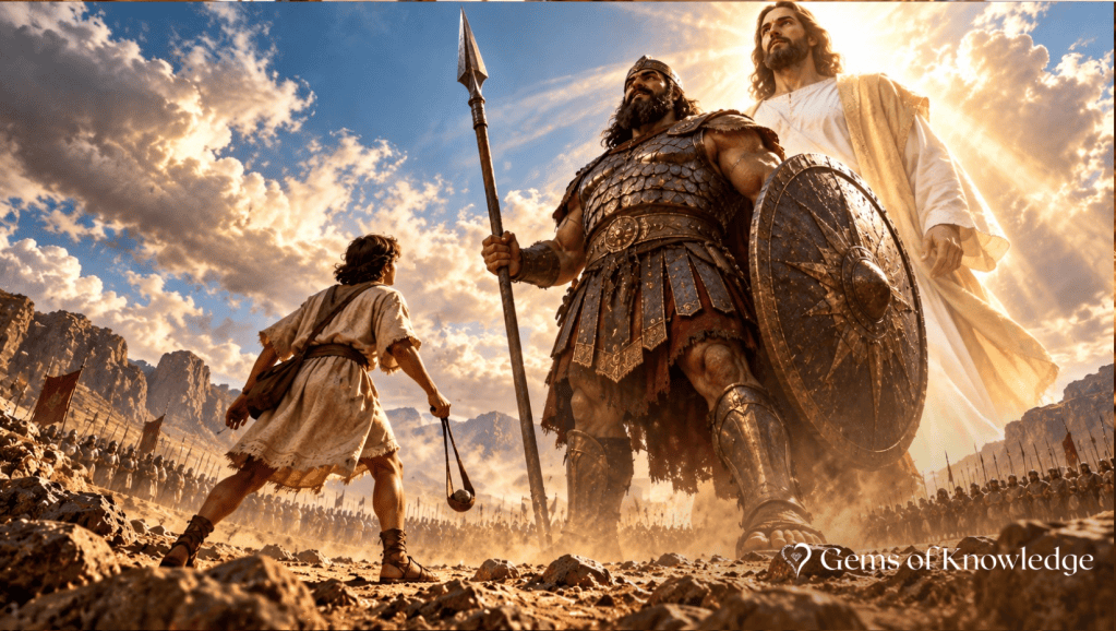 Young David faces the enormous armored Goliath with his sling while an even taller, radiant Jesus stands behind the giant, symbolizing God's power over every enemy.