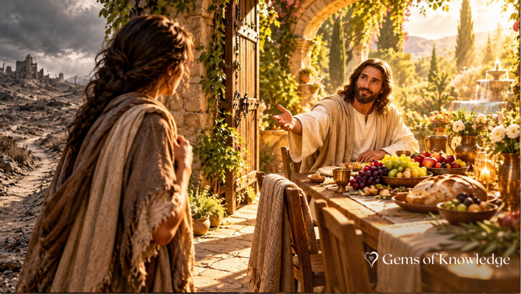 Jesus warmly invites a hesitant woman into a beautiful sunlit garden where a banquet table overflows with bread and fruit, while a barren landscape stretches behind her.