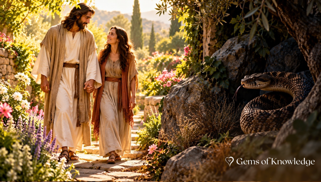 Jesus walks hand in hand with a woman through a beautiful sunlit garden while a large serpent lies coiled among dark rocks nearby.