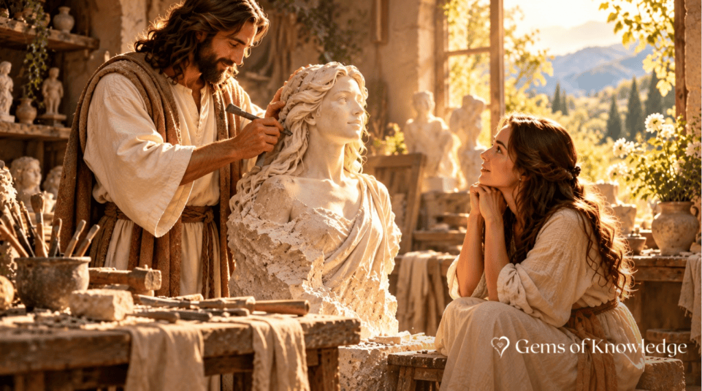 Jesus carefully sculpts a beautiful marble statue of a woman in a sunlit workshop while a young brunette woman watches in amazement, symbolizing how God handcrafted each of us as His masterpiece.