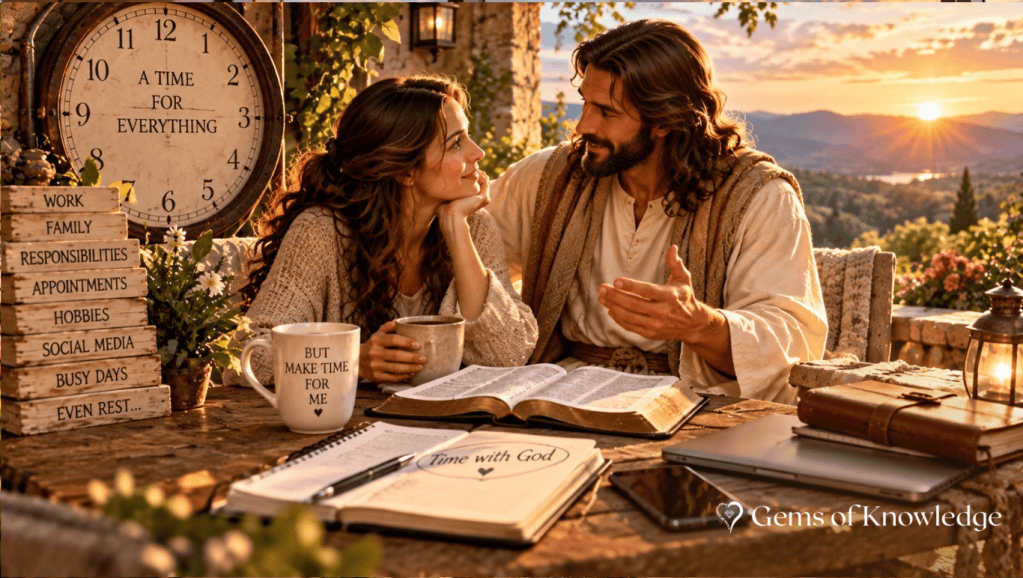 esus and a woman share a peaceful moment over an open Bible at a table overlooking a beautiful sunset, surrounded by a clock, daily responsibilities, and a planner marked Time with God.