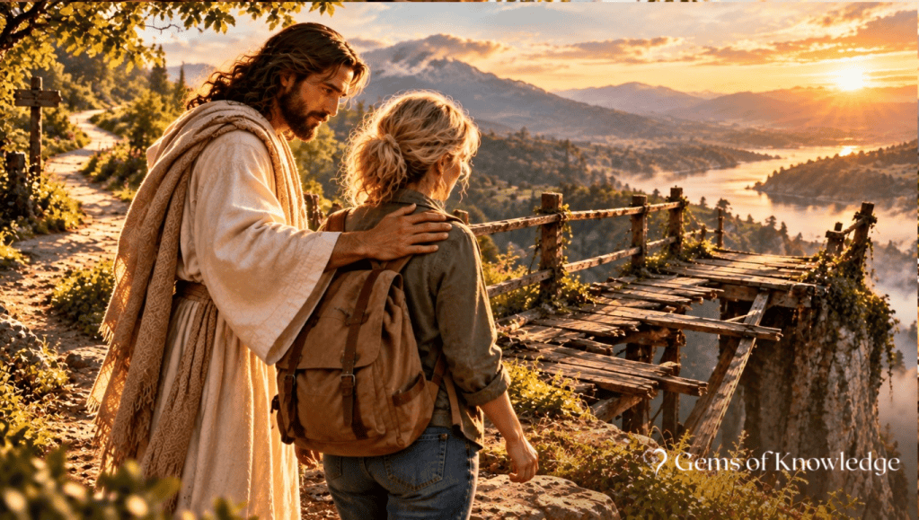 esus gently places His hand on a woman's shoulder, stopping her from crossing a dangerously broken wooden bridge over a deep ravine. A beautiful, safe path stretches behind them in the golden sunlight, illustrating God's loving protection.
