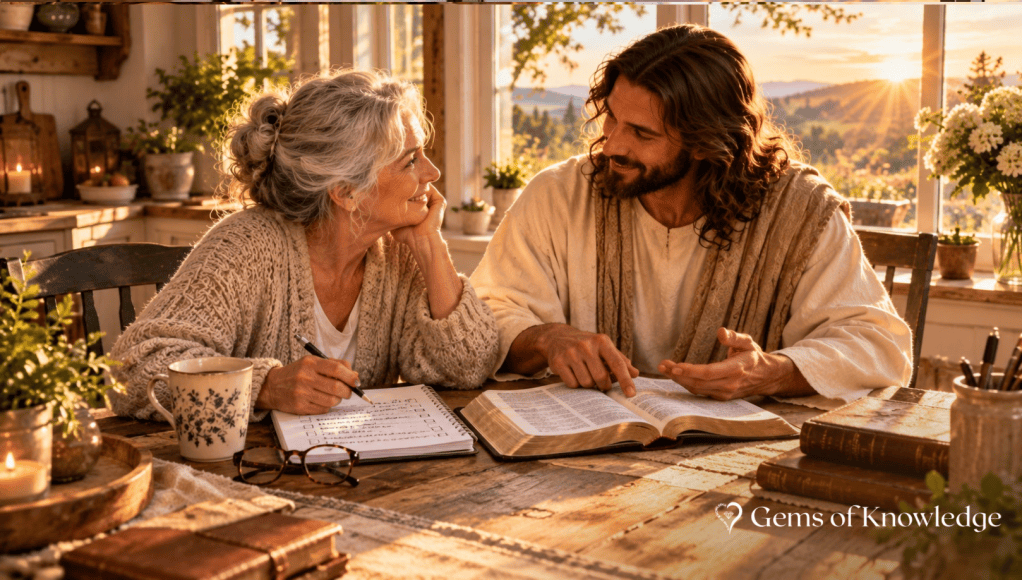 An older woman with silver hair sits at a cozy farmhouse kitchen table with Jesus, sharing a warm conversation over an open Bible and her daily planner as golden morning sunlight streams through the windows.