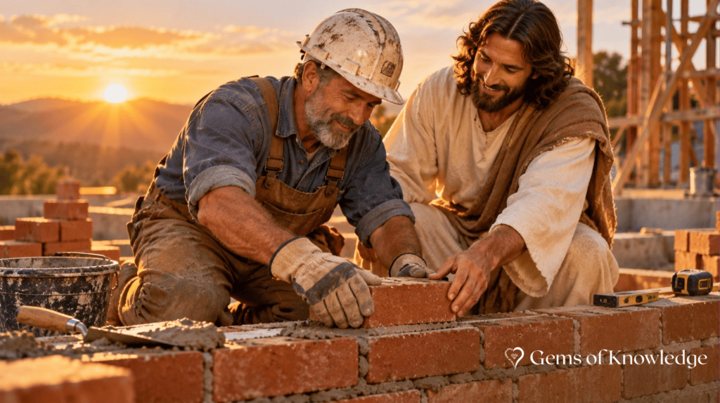 Jesus kneels beside an older construction worker, helping him lay bricks at a construction site as warm golden sunlight shines over their work.